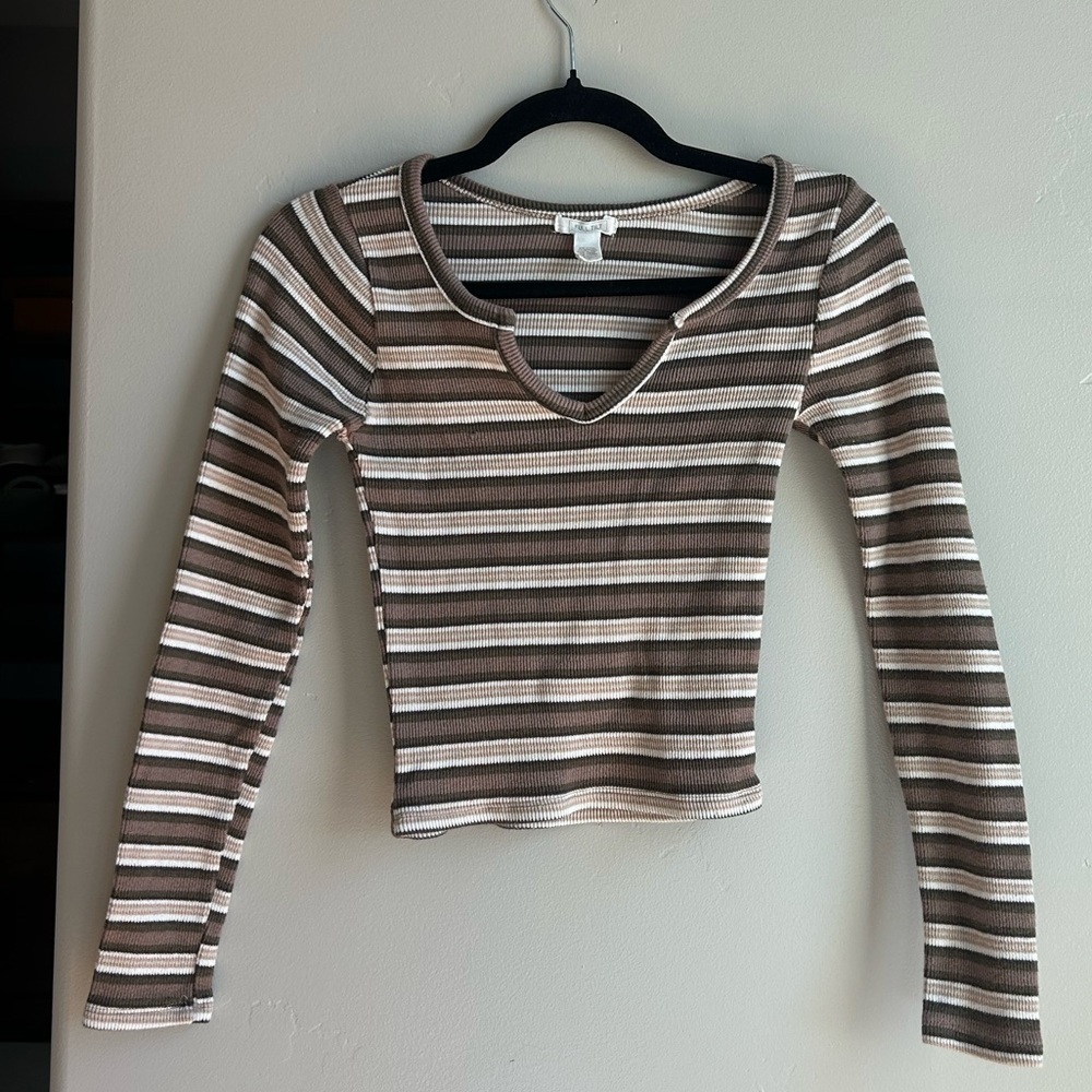 Full Tilt Y2K Ribbed Stripe Crop Top Brown Neutral Baby Tee L Soft Grunge